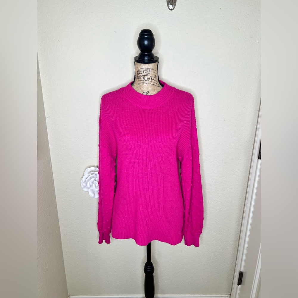 NTM Vince Camuto Aurora Pink Bobble Knit Sweater Mock Neck Textured Sleeve Large